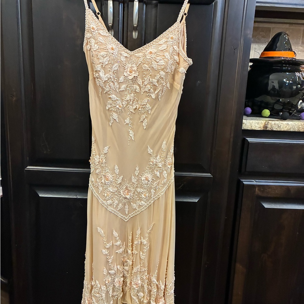 Sue Wong Beige Embroidered Midi Dress